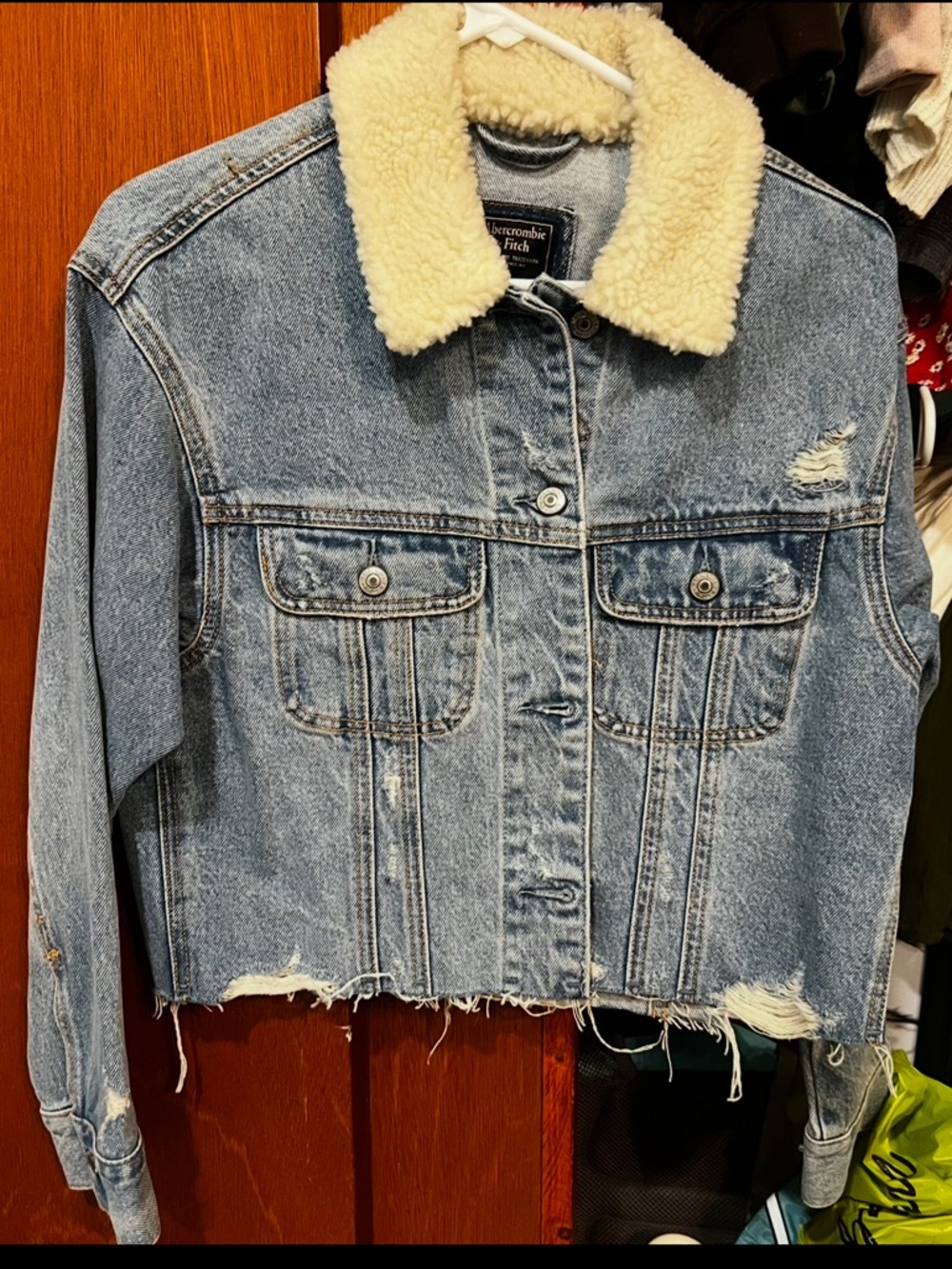 Abercrombie & Fitch Light Blue Denim Jacket with Cream Sherpa Collar